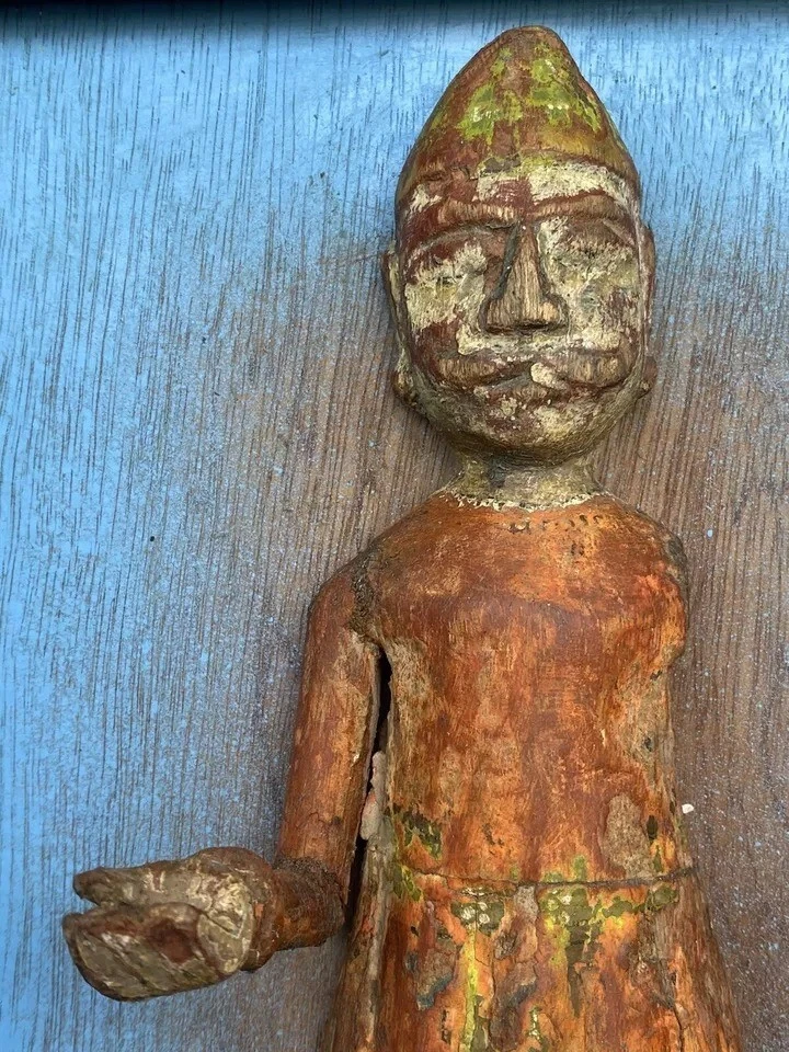 Vintage Old Wooden Hand Carved Painted Man Rustic Figure Wall Hanging Blue Frame - Image 4 of 4