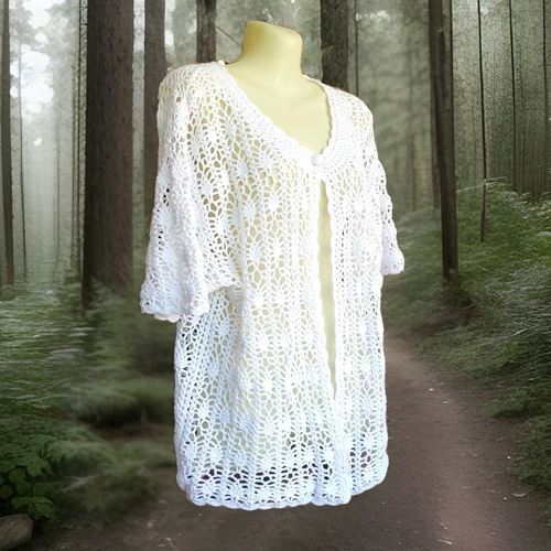 Vintage Crochet Sweater Womens 1x Short Sleeve Cardigan White Cottagecore Granny