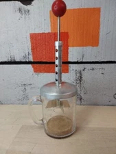 Vintage Glass Nut Food Chopper with Red Handle and Measuring Cup