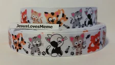 Grosgrain Ribbon,  Silly Multi Colored Kitty Cats with Fish Bones Paw Prints 7/8