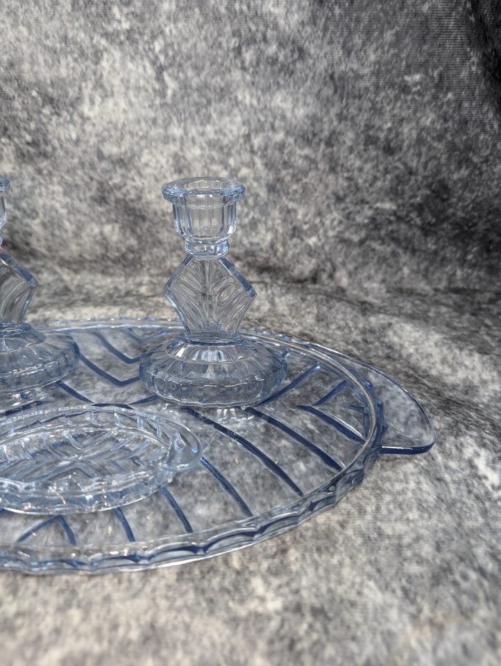 Vintage 1930s Ice Blue Glass Vanity Dressing Table Set Candle Holders