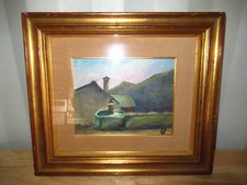 ANCIEN TABLEAU REPRÉSENTANT UN LAVOIR A LA MONTAGNE-CADRE EN BOIS DORÉ