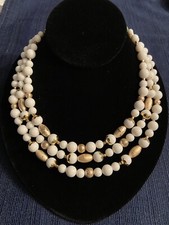 Vintage Retro Japan Multi 3 Strand Gold White Faux Pearl Beaded Necklace Collar