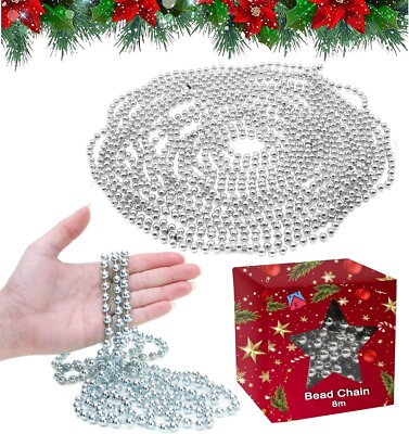 Weihnachten 8m Silber Luxus Dekoration Metallic Kunststoff Rund Perlenkette Girlande