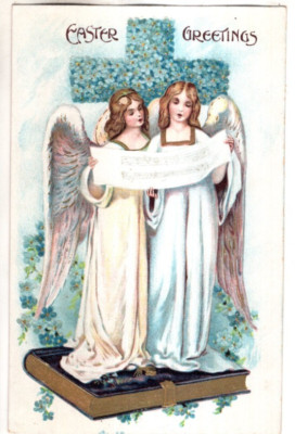 ANTIQUE EMBOSSED EASTER Postcard     TWO ANGELS SINGING, HOLDING SHEET MUSIC