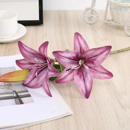 3Heads Artificial Lily Flowers Real Touch Wedding Home Decor Fake Flower Bouquet - Picture 3 of 22