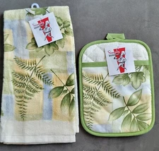 NWT Simply Gourmet Kitchen Towel Set Oven Mitt Towel Green Botanical Fern Leaves