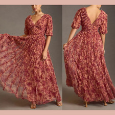 NWT MAC DUGGAL 20 8013 Mesh V-Neck Floral Dress Gown in Beige Orange J2301