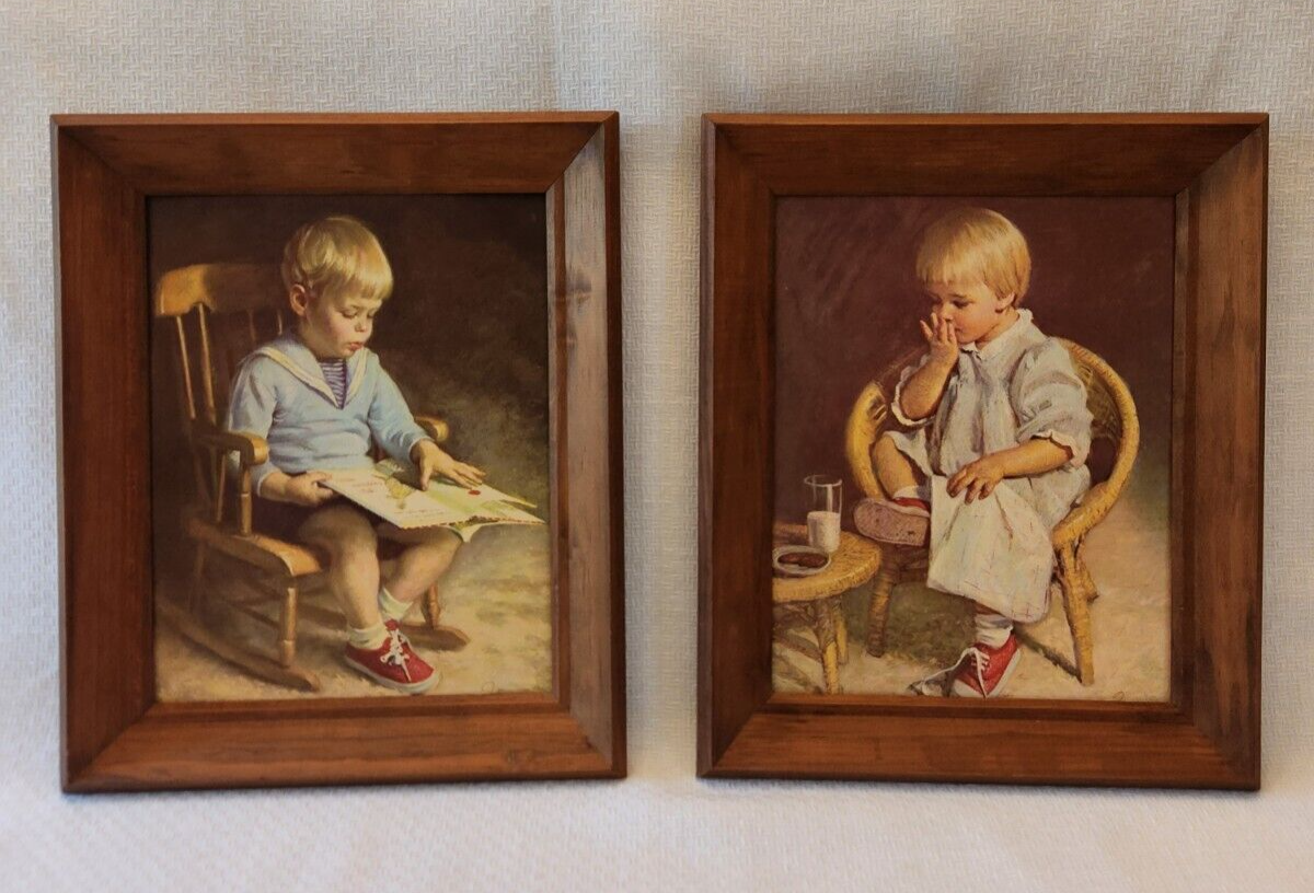 Little Girl and Boy in Blue and Red Framed Prints Vintage Nursery Decor