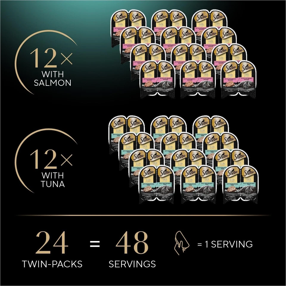 Comida húmeda para gatos Sheba Perfect Portions atún y salmón, 24 bandejas, paquete doble de 2,6 oz Foto 2 de 4