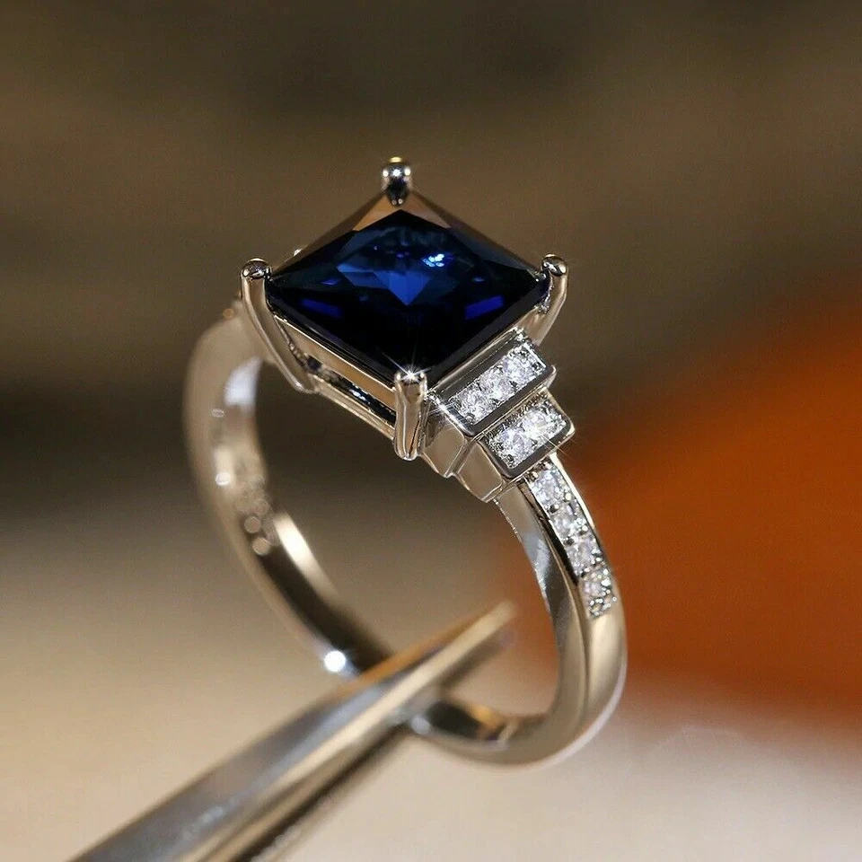 3.00Ct Princess Cut Blue Diamond Engagement Ring 14K White Gold Plated Simulated - Image 3 of 4