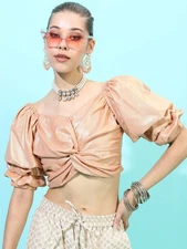 Women’s Sweetheart Neck Twisted Back Crop Top – Puff Sleeve Tie-Up – S to XXL