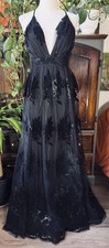 M Black Velvet Sheer Chiffon Gown Deep V Whimsigoth Maxi Dress