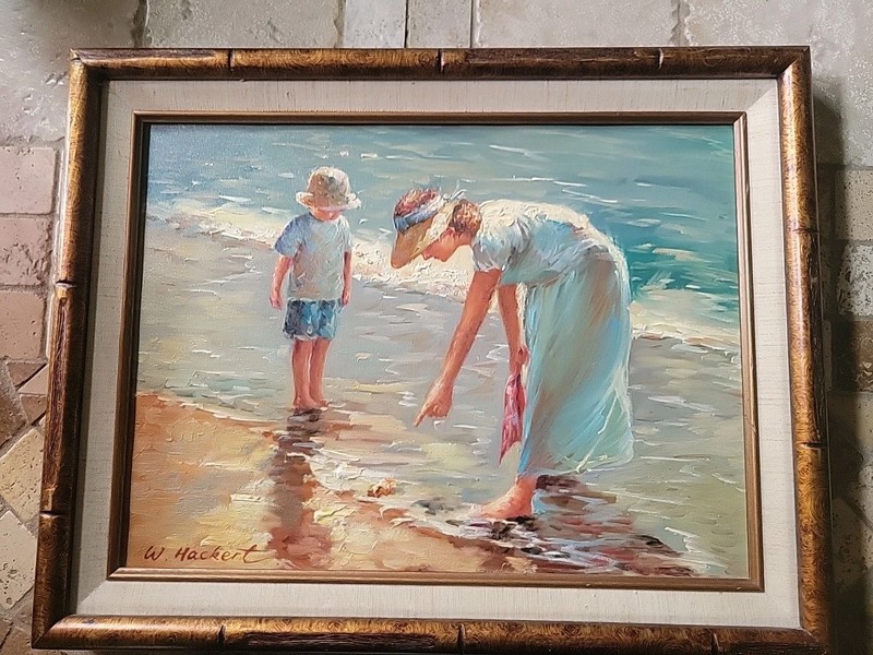 W. HACKERT ORIGINAL OIL PAINTING WOMAN & BOY SEASIDE