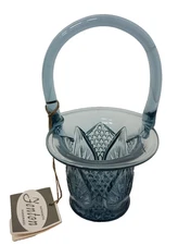 Vintage Fenton Cut Art Glass Smoky Blue Basket With Handle Handmade Decorative