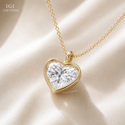 IGI 1 CT Heart Lab Grown Diamond Women Wedding Promise Pendant 14K Yellow Gold
