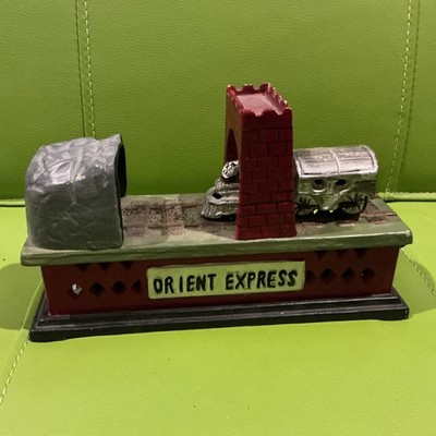 Cast Iron Orient Express Mechanical Bank Steam Engine Train Works Great Complete