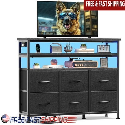 Multi-Functional TV Stand W/ 6 Bins LED Lights Charging Station Corner Design US