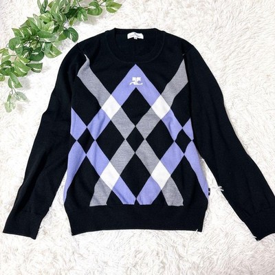 Courreges Long Sleeve Knit Top Black Size 40 Argyle Pattern