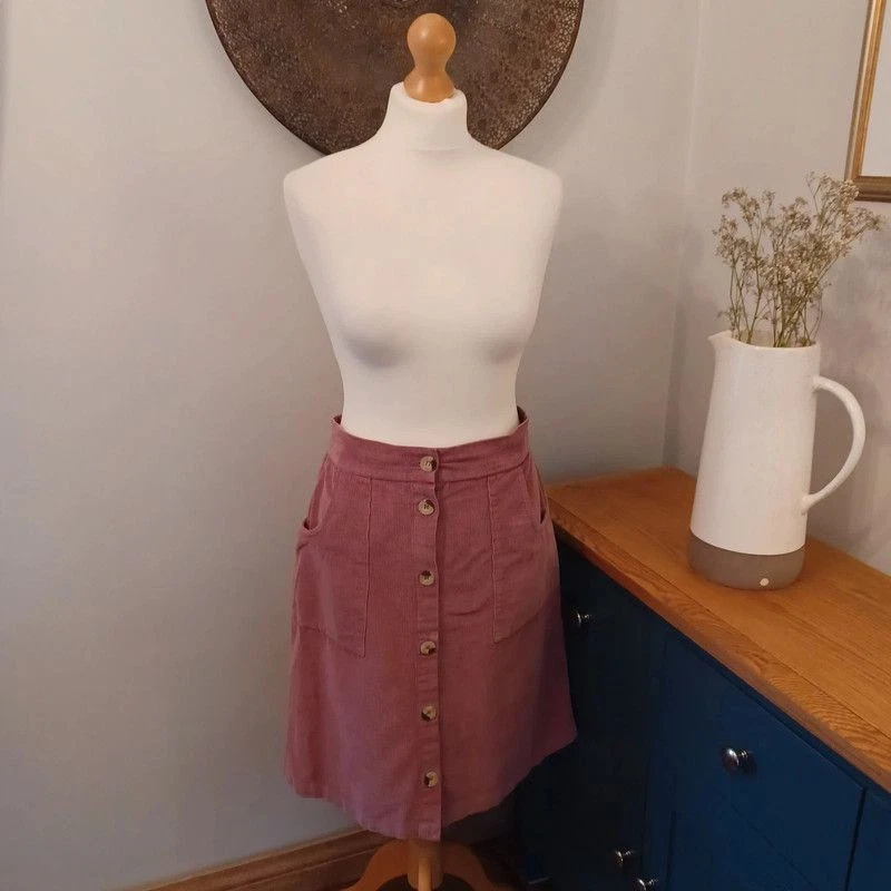 Dusky Pink Cord A-Line Button Skirt Fits 14 16 Autumn Winter Preppy - Image 3 of 4