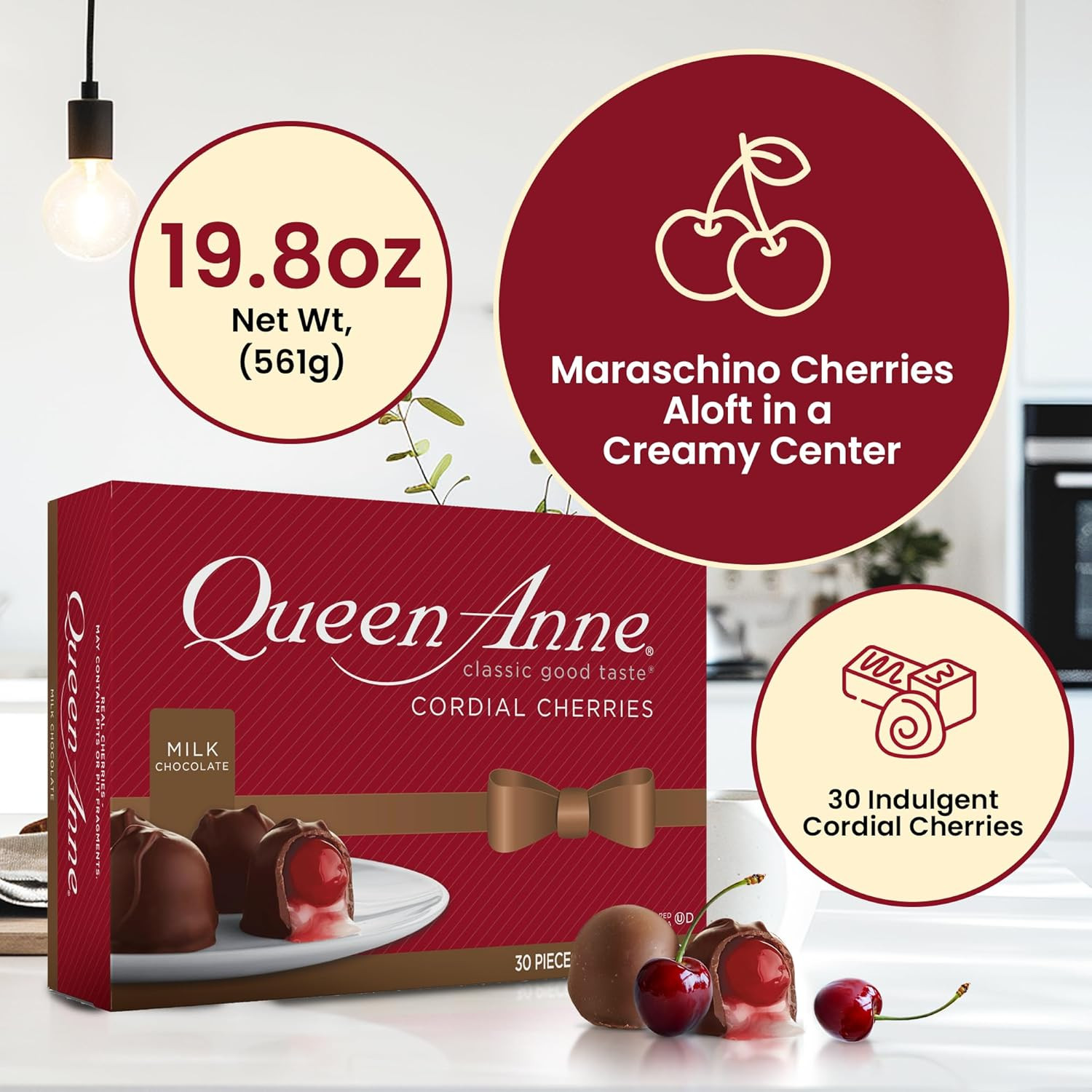 Anne Milk Chocolate Covered Cordial Cherries | 19.8 Oz | 30 Piece Gift Box | Who