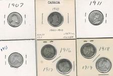 EIGHT CANADIAN coins, 1907, 1910, 1911, 1913, 1916, 1917, 1918, 1919 SILVER