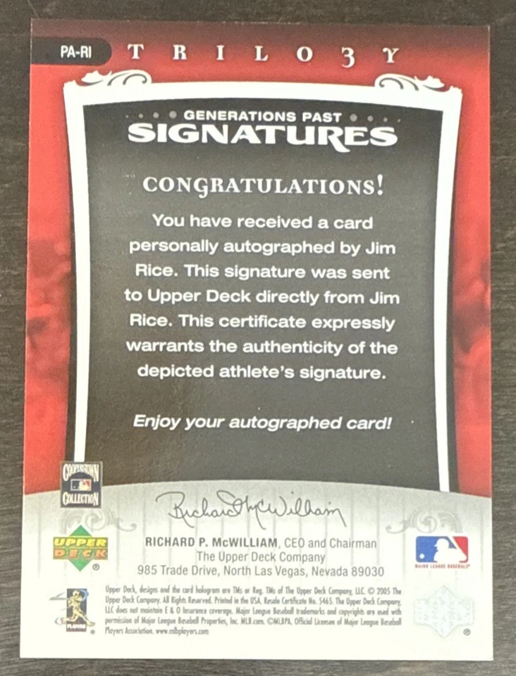Jim RICE🔥2005 Upper Deck Trilogy Silver Generations Past Signatures AUTO 45/99 - Image 2 of 2