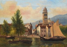 Veduta della città di Trento artista ambito Giuseppe Canella firma non decifrata