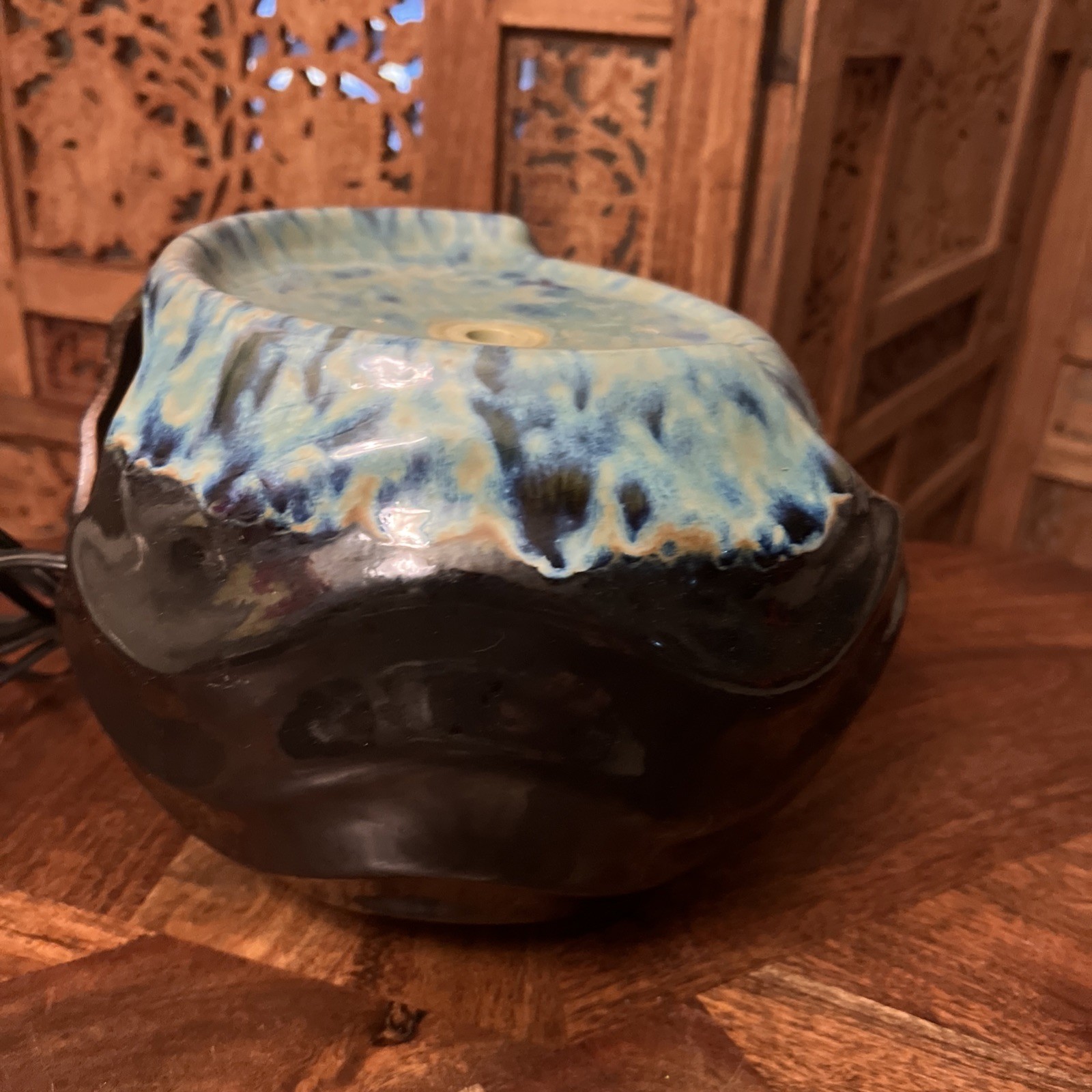 Ceramic Tabletop Cascading Fountain Electric Blue Glaze 7x10 Bubbling Indoor Out