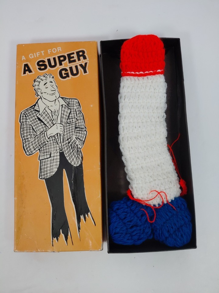 A genuine 1974 hand-crocheted novelty gag gift — retro kitsch doesn't get more authentically vintage than this.