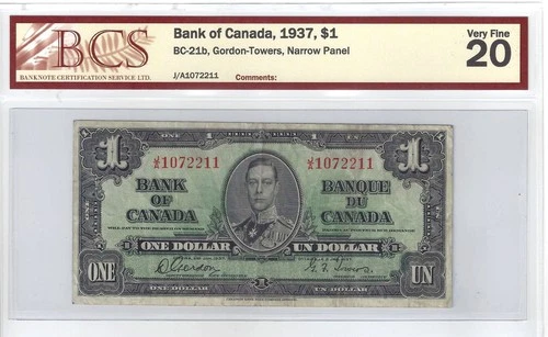 1937 Canada $1 Banknote Gordon-Towers,Narrow Panel, J/A, BC-21b BCS  VF-20