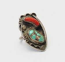 Vintage Antica Pedone Grande Argento Sterling Corallo Turchese Misura Anello 6.5