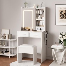 White Makeup Vanity Desk with Mirror and Lights, Vanity Table Set with Chargi...