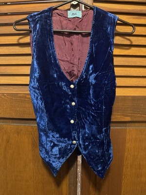 Vintage Women s Blue Velvet Button-Front Belted Sleeveless Short Vest Size 2
