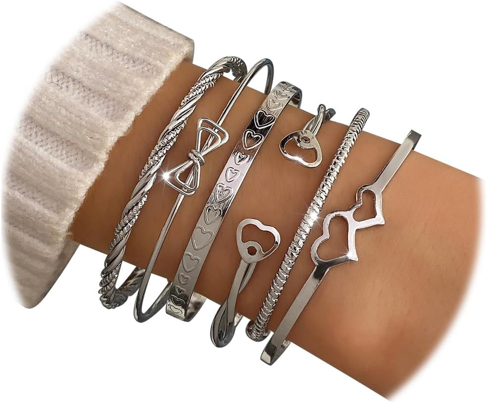 Silver Bangle Bracelets Set For Women Stackable Chunky Cuff Jewelry Set of 6 Pcs