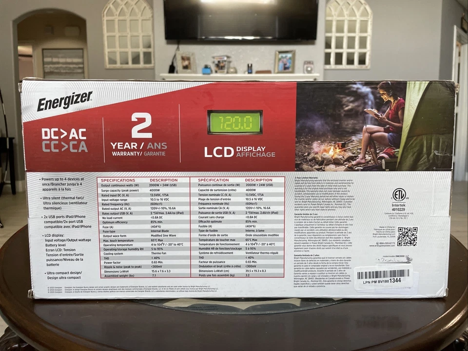 Energizer 2000W Power Inverter with LCD & 2 USB Ports – Peak 4000W – New Unopend - Image 2 of 4