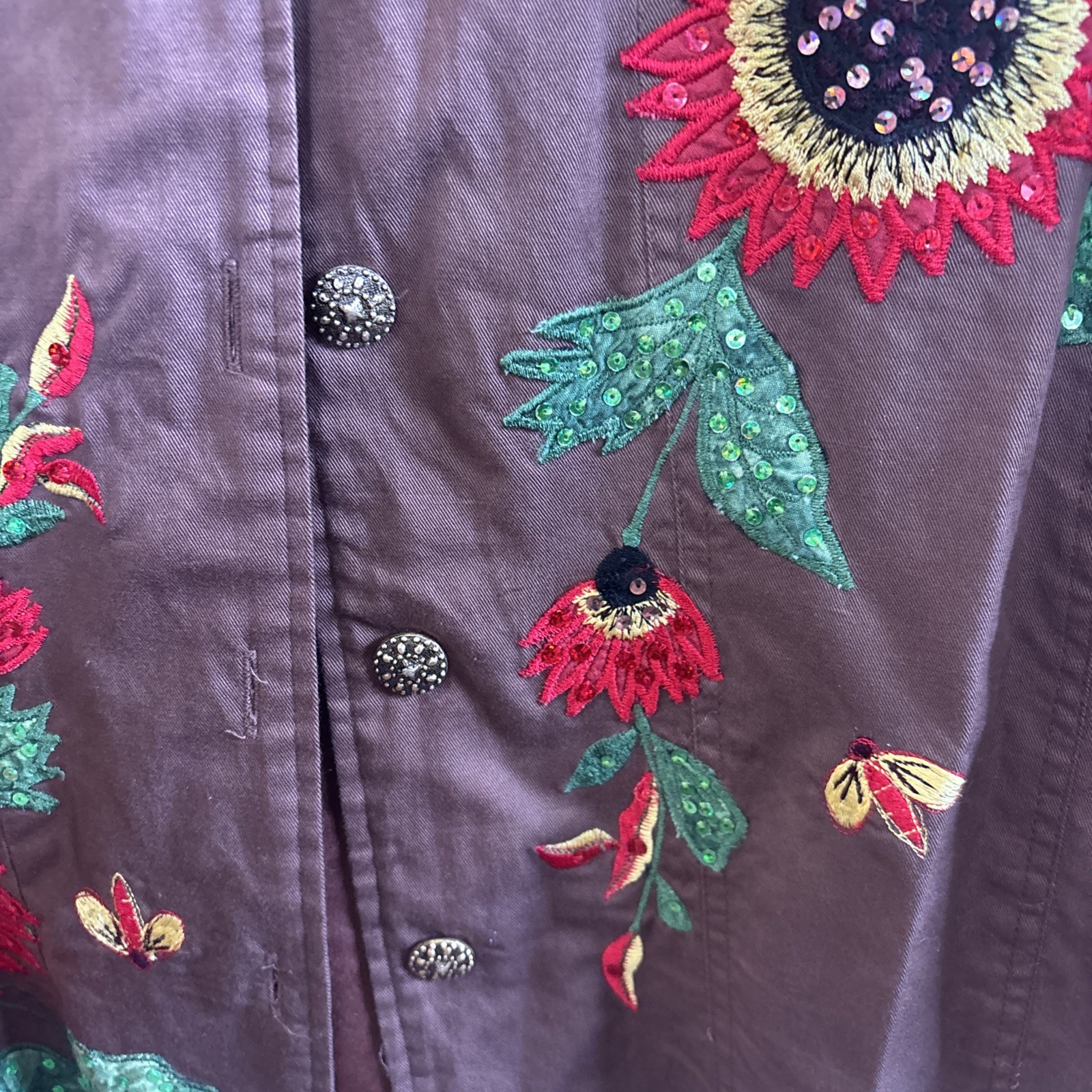 Tapestry Patch Brown Jacket Sequin Sunflowers & D… - image 4