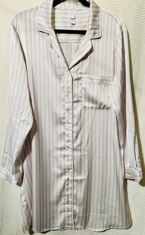 Stars Above Women’s Satin Striped Button-Down Collared Sleepshirt White/Brown L