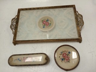 Vintage Floral Needlepoint Vanity Set Tray Brush Frame