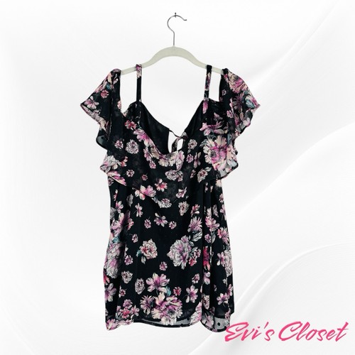 Torrid Black Pink Floral Chiffon Sz 2 18/20 Cold Shoulder Short Sleeve Top - 第 4/9 張圖片