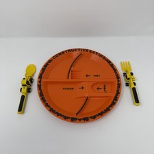 Maid In USA Constructive Eating Kids Plate  2 Utensils Construction Microwave