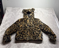 Wild Fable Women  s Leopard Print Fuzzy Faux Fur Zip Up Jacket Animal Ears S