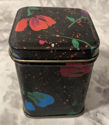 Vintage Floral Decorative Tin Box Black w/Lid Retro Flower Pattern Storage Decor