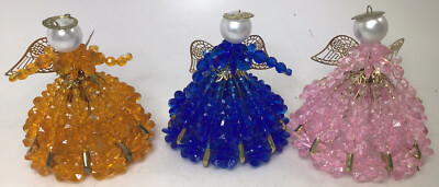 3 Vintage MCM Angel Christmas Ornaments Handmade Beaded Beads Safety Pins (22)