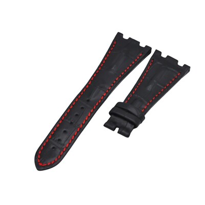 28mm Black Leather Watch Strap For Audemars Piguet Royal Oak Offshore Deployant