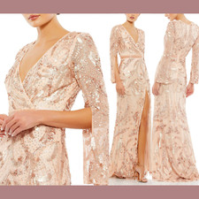 NWT Mac Duggal [ 4 ] Sequined Faux Wrap Split Long Sleeve Gown 5222 Rose #J145