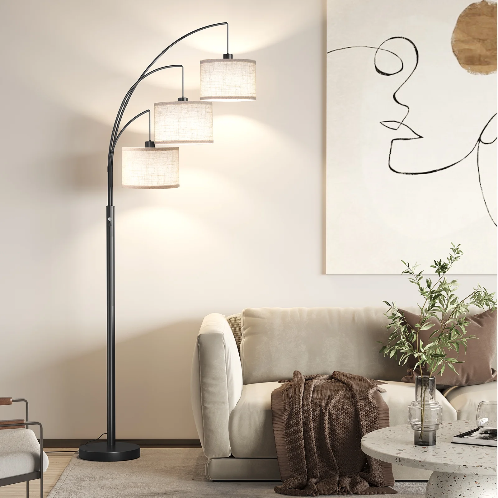 78” 3-Light Modern Rotary Switch Black Arc Floor Lamp with Linen Drum