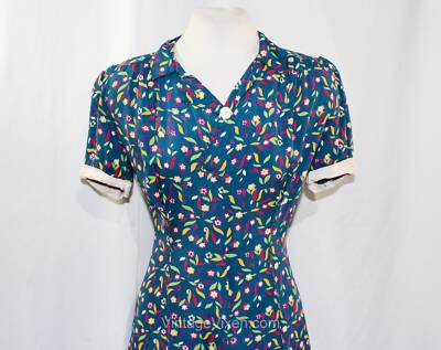 ワンピース 1930s Blue Floral Rayon Dress 30s Rayon Jersey Floral Dress | XS - Lucky Vintage