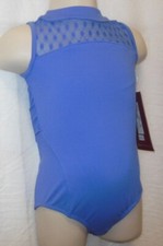 Mirella periwinkle blue mock t neck dotted swiss mesh girls leotard twist back