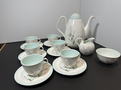 EB Foley Fine China 15 Stück Kaffeekanne Tassen Untertassen Kanne Schale um 1950 rosa Klee